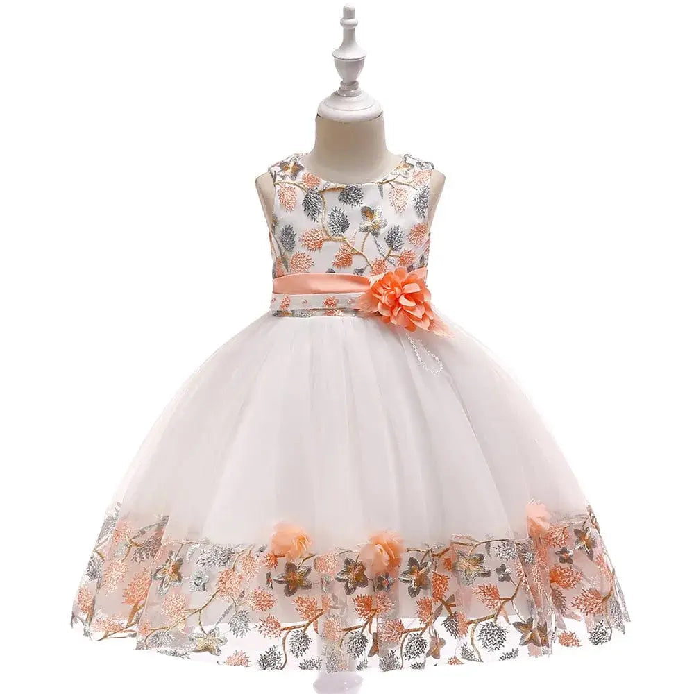 Girls floral embroidery princess party dress by Showlu Fashion Store, age 3-8, featuring colorful flower details for summer celebrations.
