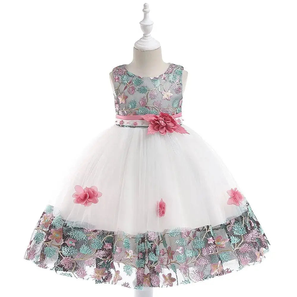 Girls' floral embroidery princess party dress by Showlu Fashion for ages 3-8, perfect for summer birthdays and formal occasions.