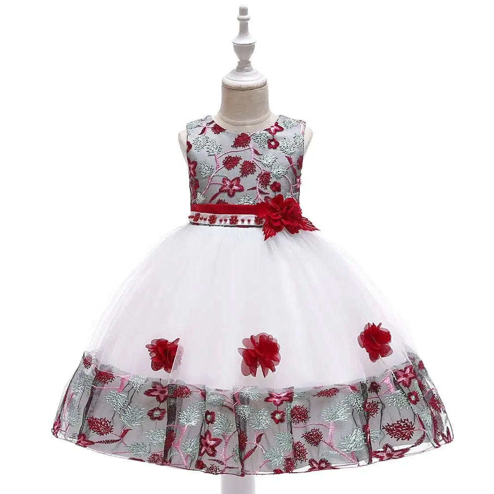 Girls floral embroidery princess party dress by Miqiaikids, perfect for ages 3-8, featuring colorful flower details and elegant design.