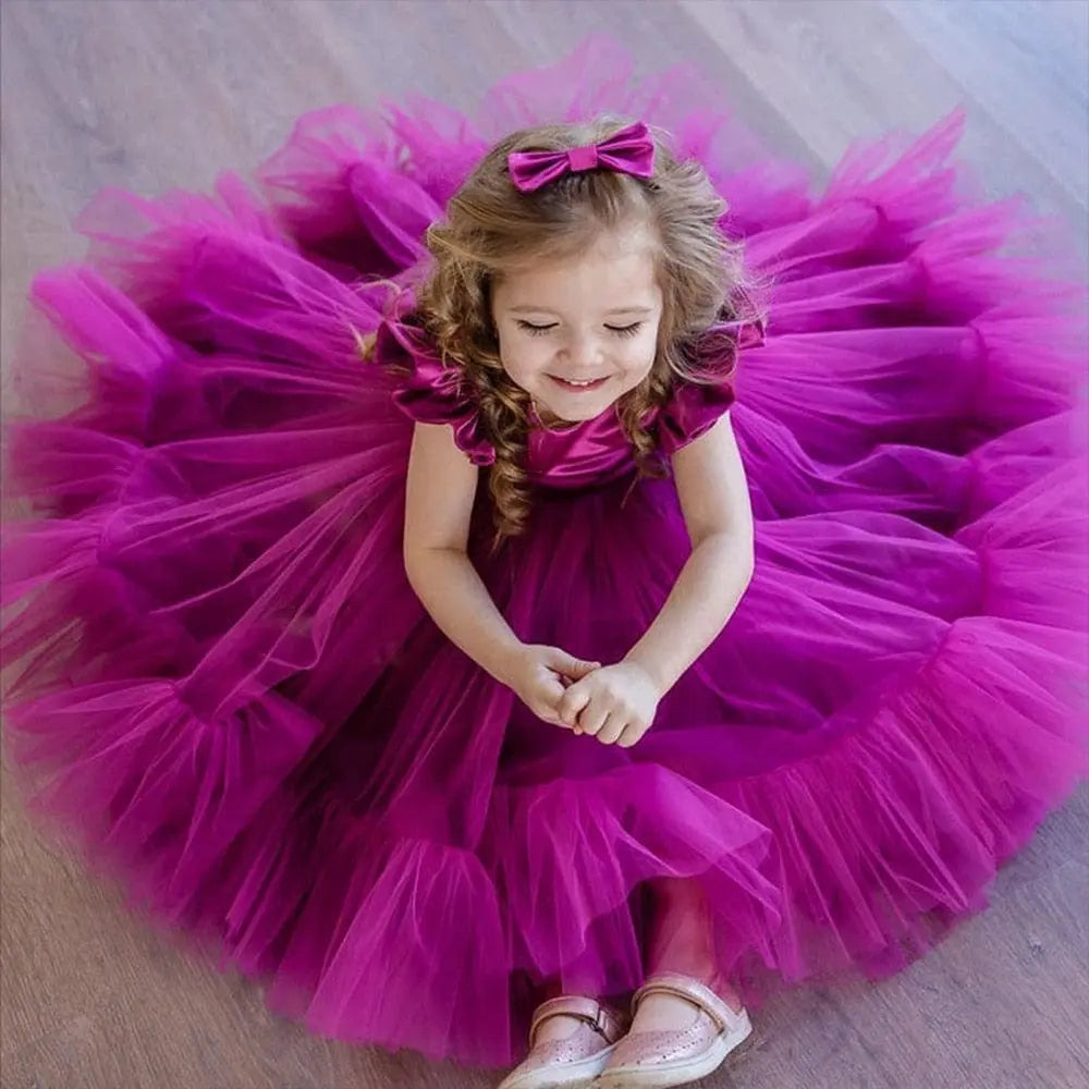 Baby girl princess party dress by Showlu Fashion Store, cotton ball gown for birthdays, weddings, and special occasions.