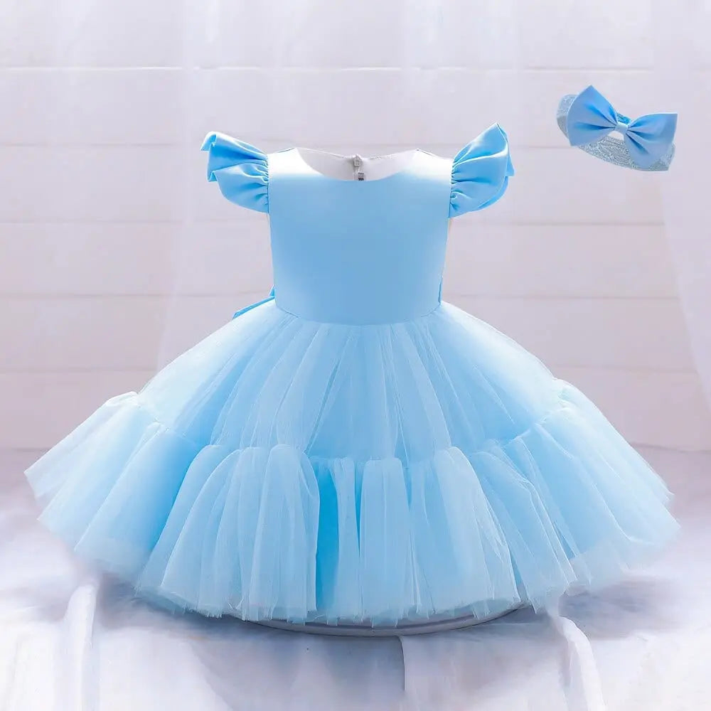 Baby girl princess party dress by Showlu Fashion Store, cotton ball gown for birthdays, weddings, and special occasions for toddlers.