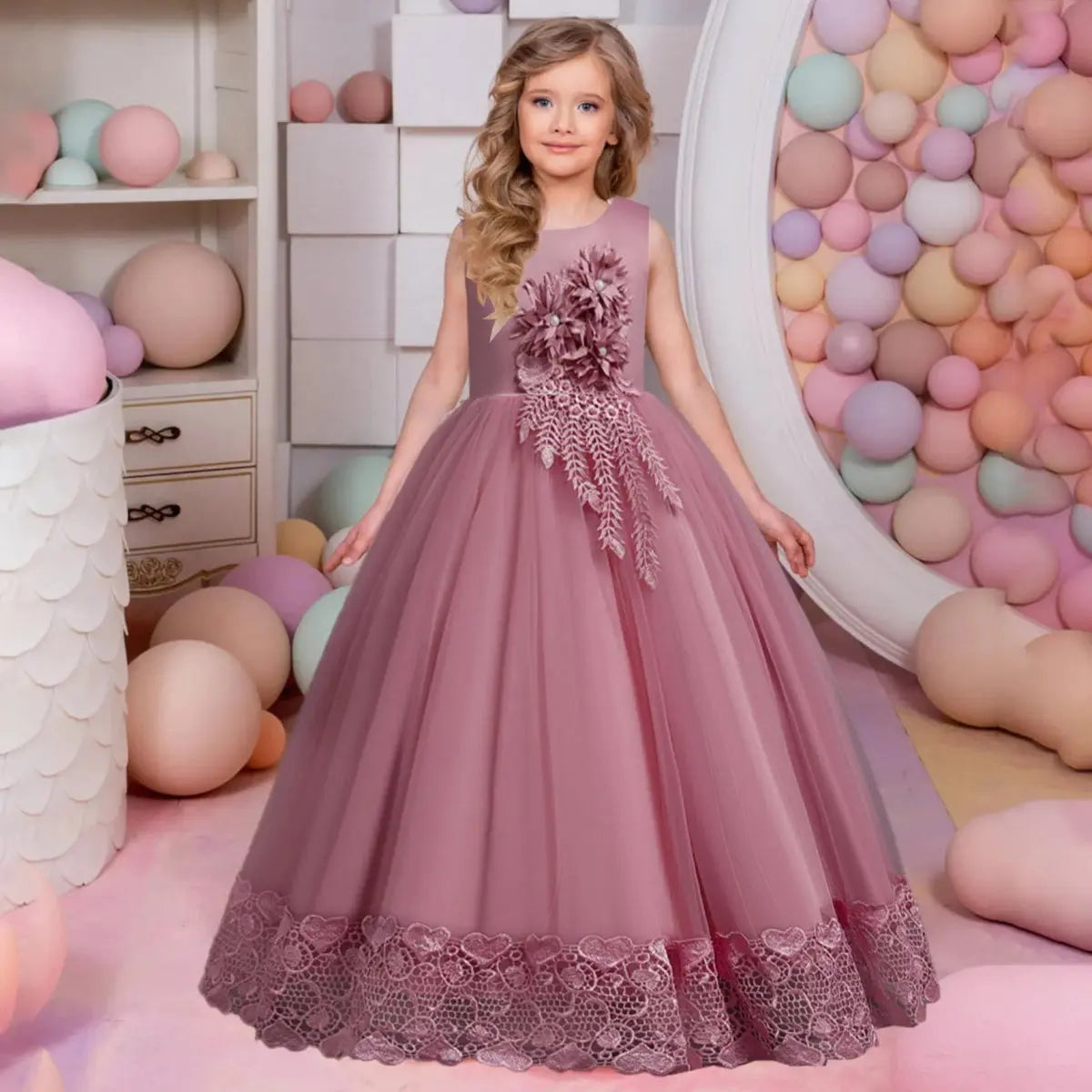 Girls floral tulle ball gown by Showlu Fashion Store, featuring a long, elegant princess dress with floral details for formal occasions
