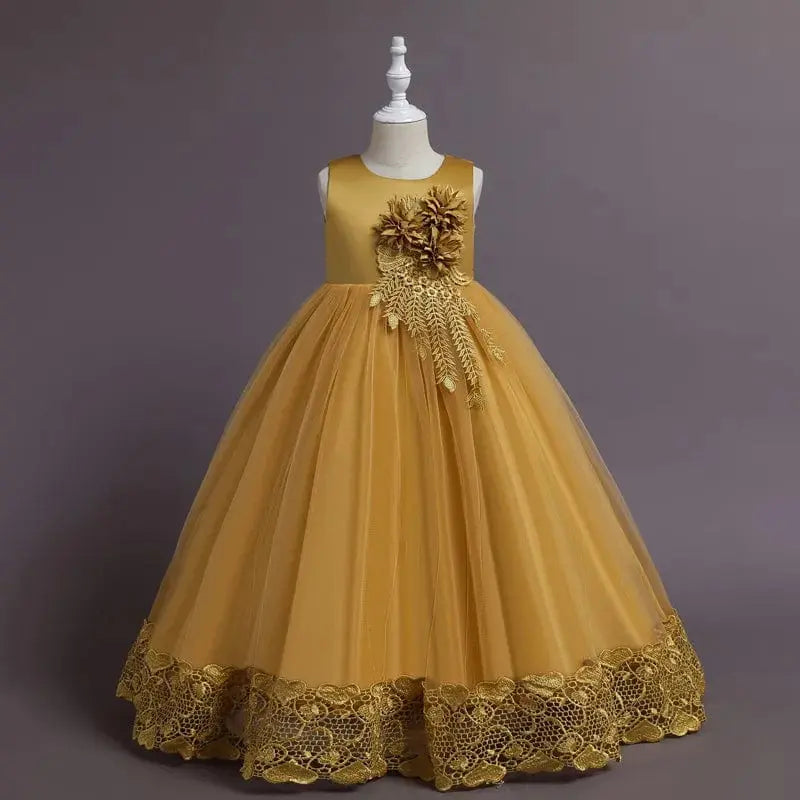Girls floral tulle ball gown by Showlu Fashion Store, formal princess wedding pageant dress with summer tulle flowers for special occasions