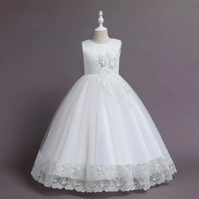 Girls floral tulle ball gown by Showlu Fashion Store, long princess dress with floral accents for wedding or pageant events.