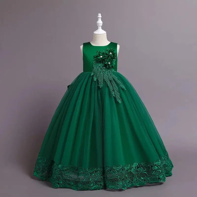 Girls floral tulle ball gown for formal events, featuring a princess-style design with colorful flowers, ideal for weddings and pageants.