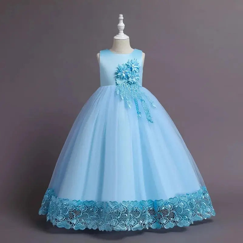 Girls floral tulle ball gown by Showlu Fashion Store with a long, elegant princess style for wedding, pageant, and formal occasions.