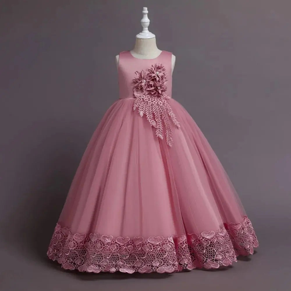 Girls floral tulle ball gown by Showlu Fashion Store, featuring a long, elegant princess dress with floral details for wedding and pageant events.