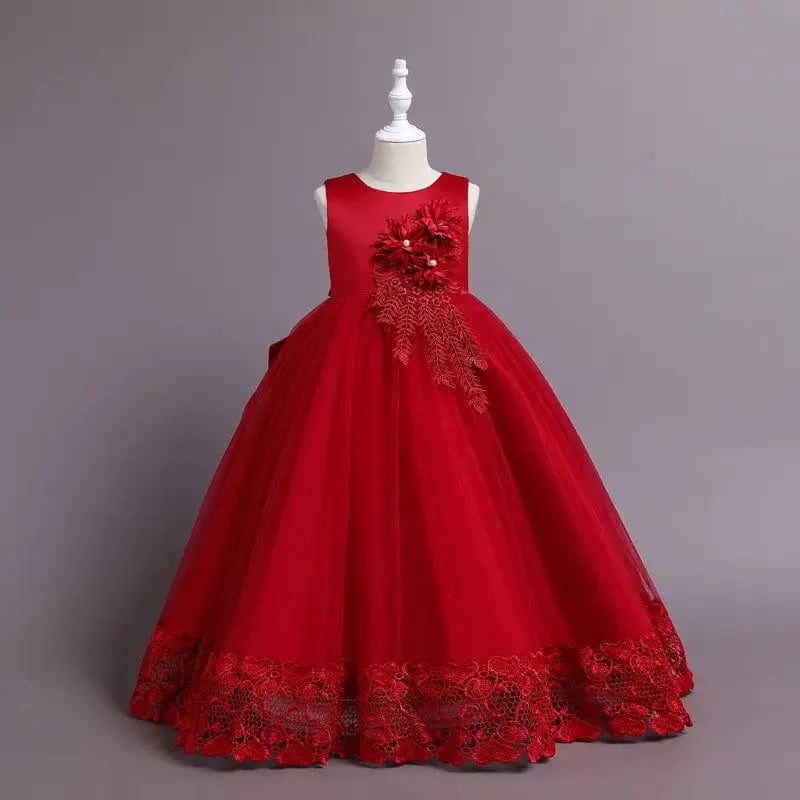 Girls floral tulle ball gown by Showlu Fashion Store, formal princess wedding pageant dress with floral details and long flowing skirt.