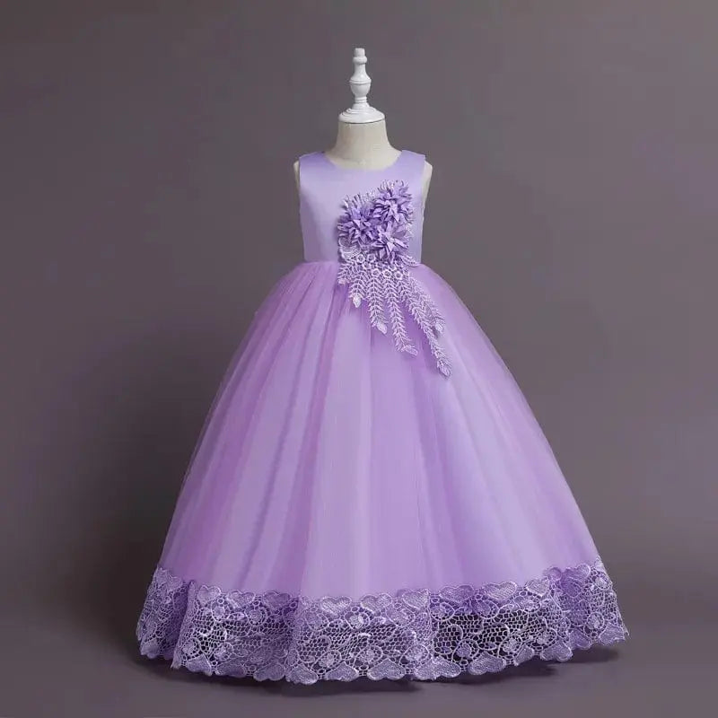 Girls floral tulle ball gown by Showlu Fashion Store, formal princess wedding and pageant dress with summer tulle and floral details.