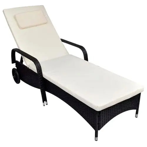 Emerald Ares black poly rattan sun lounger with wheels and cushion for outdoor relaxation in the garden or patio.