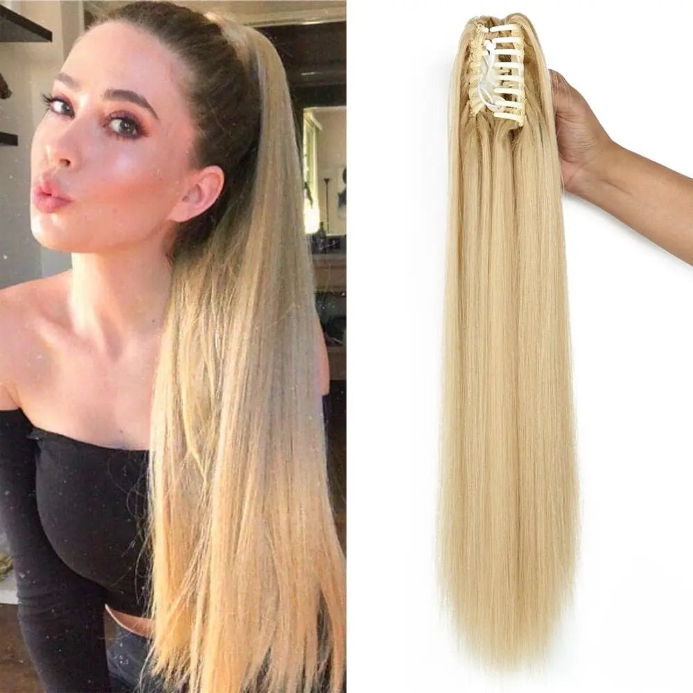 Long straight synthetic claw clip-in ponytail hair extensions, 24 inches, heat-resistant, for women’s daily and party hairstyles.