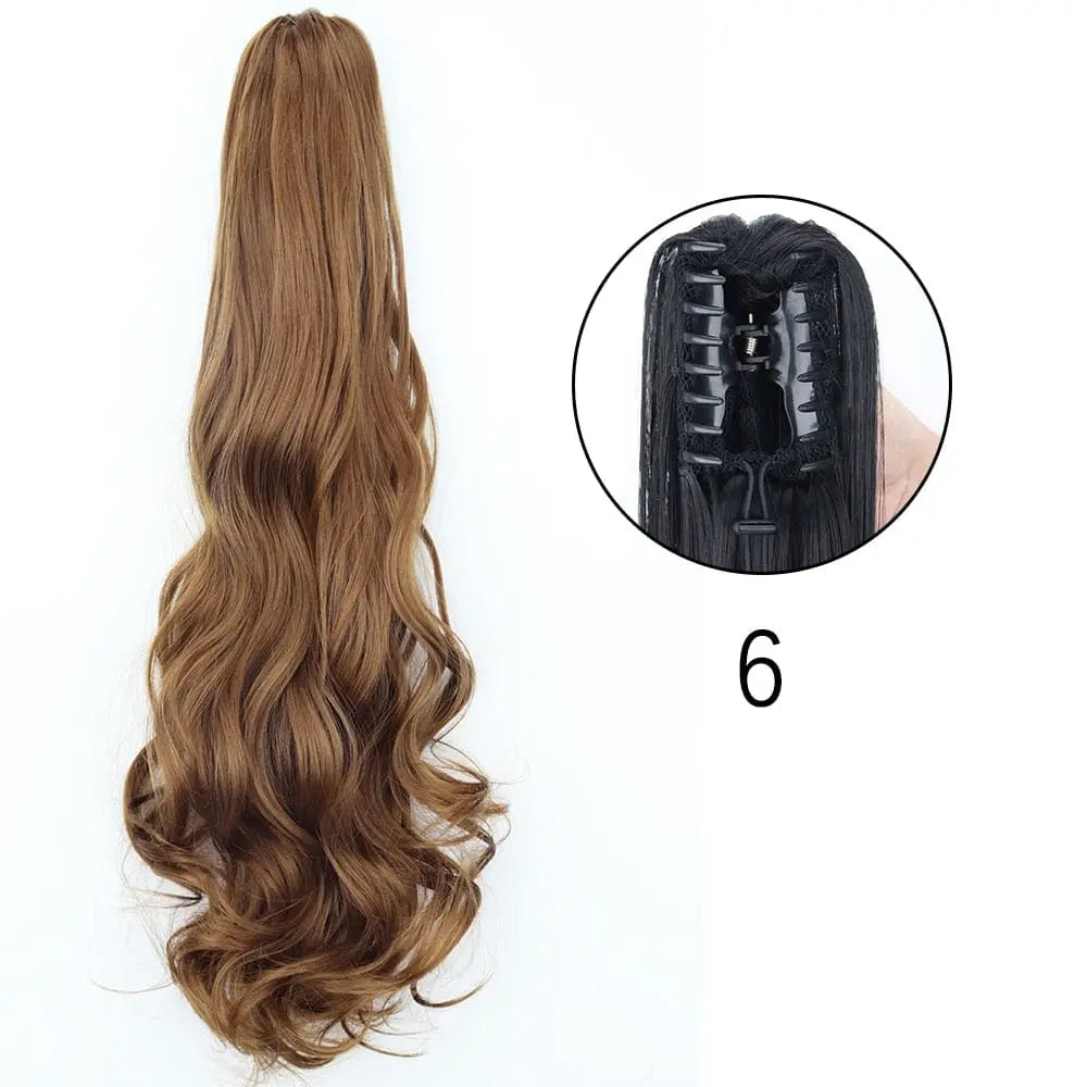 Showlu Fashion Store 24-inch long straight synthetic claw clip-in ponytail hair extension for women, heat-resistant and easy to wear.