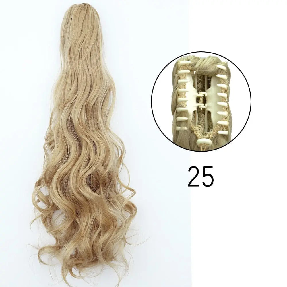 Showlu Fashion Store 24-inch long straight synthetic claw clip-in ponytail extension with heat-resistant hair for women.