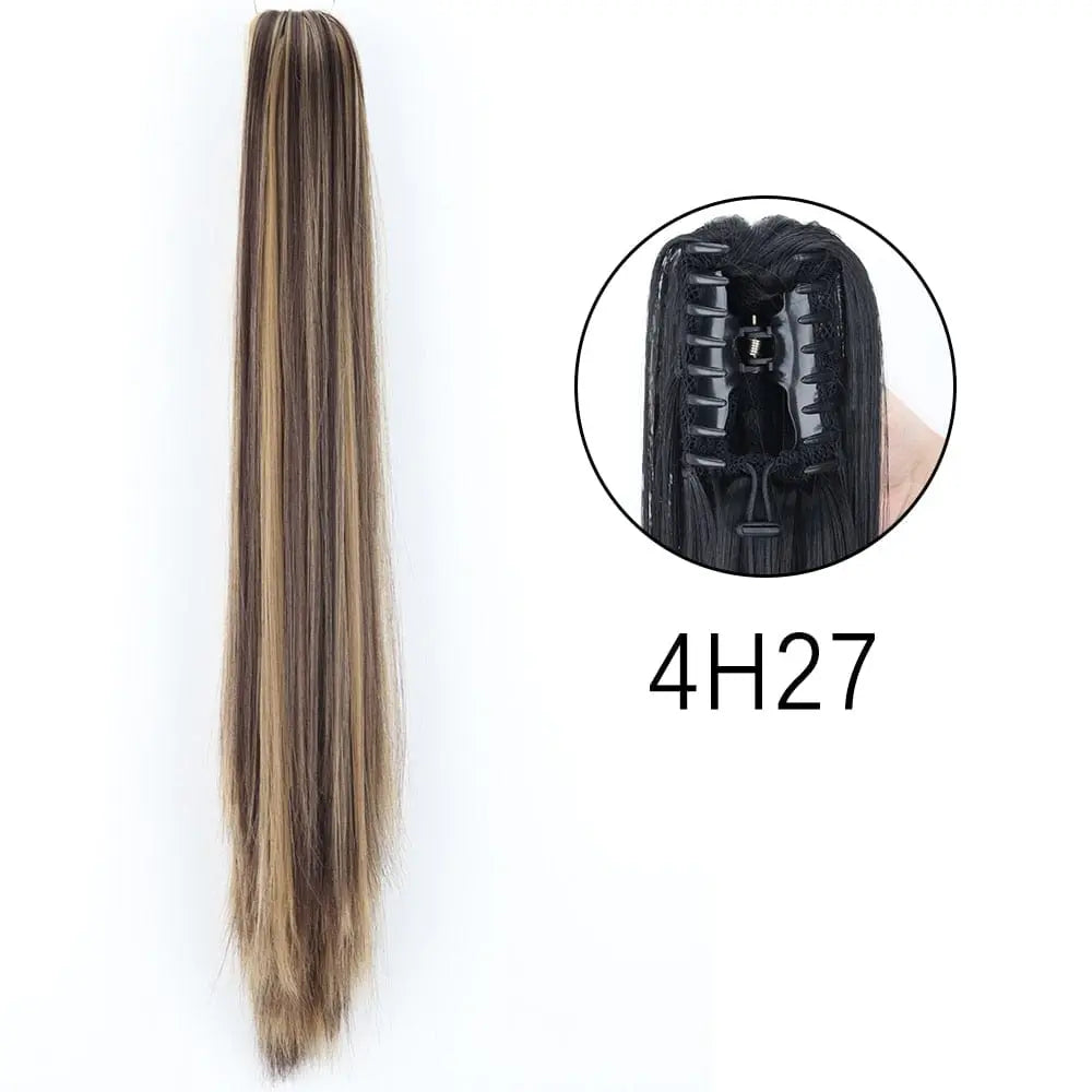 Showlu Fashion Store 24-inch long straight synthetic claw clip-in ponytail hair extensions for women, heat-resistant and easy to wear.