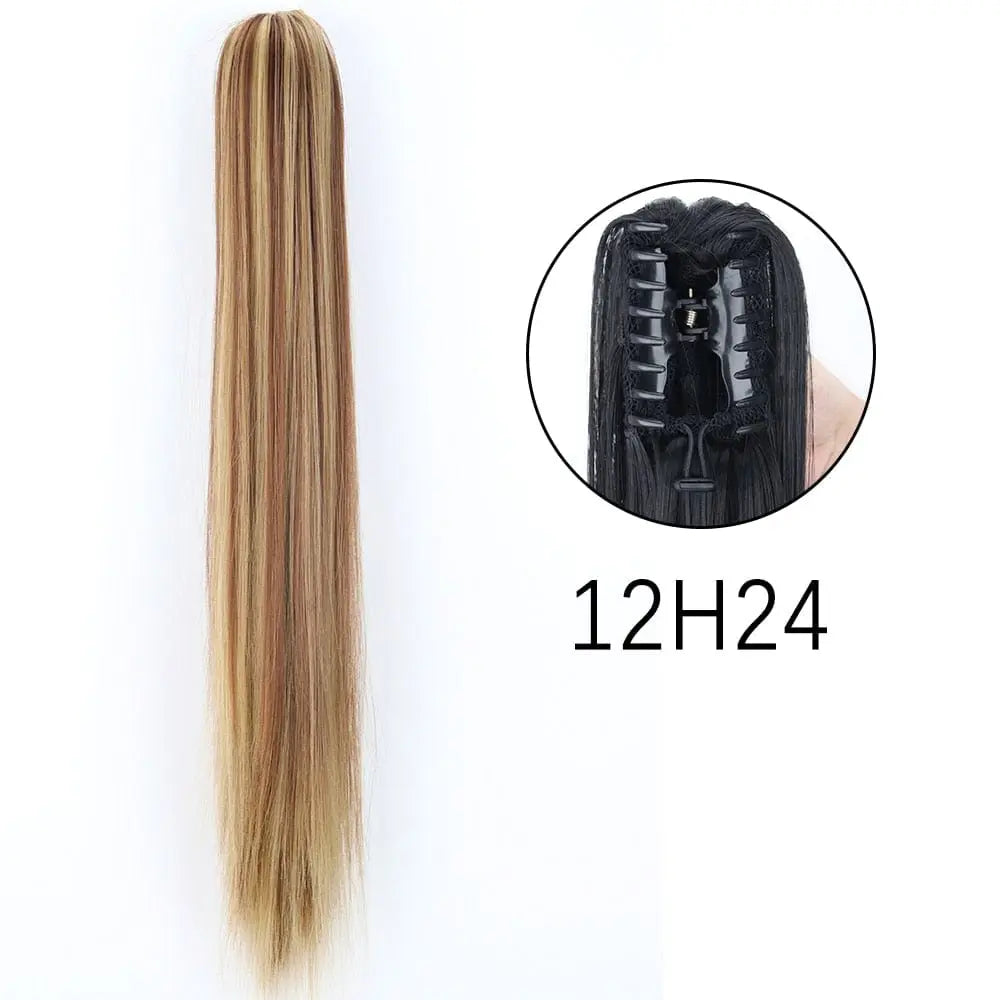 Showlu Fashion Store 24-inch long straight synthetic claw clip-in ponytail hair extensions, heat-resistant, for women’s daily or party wear.