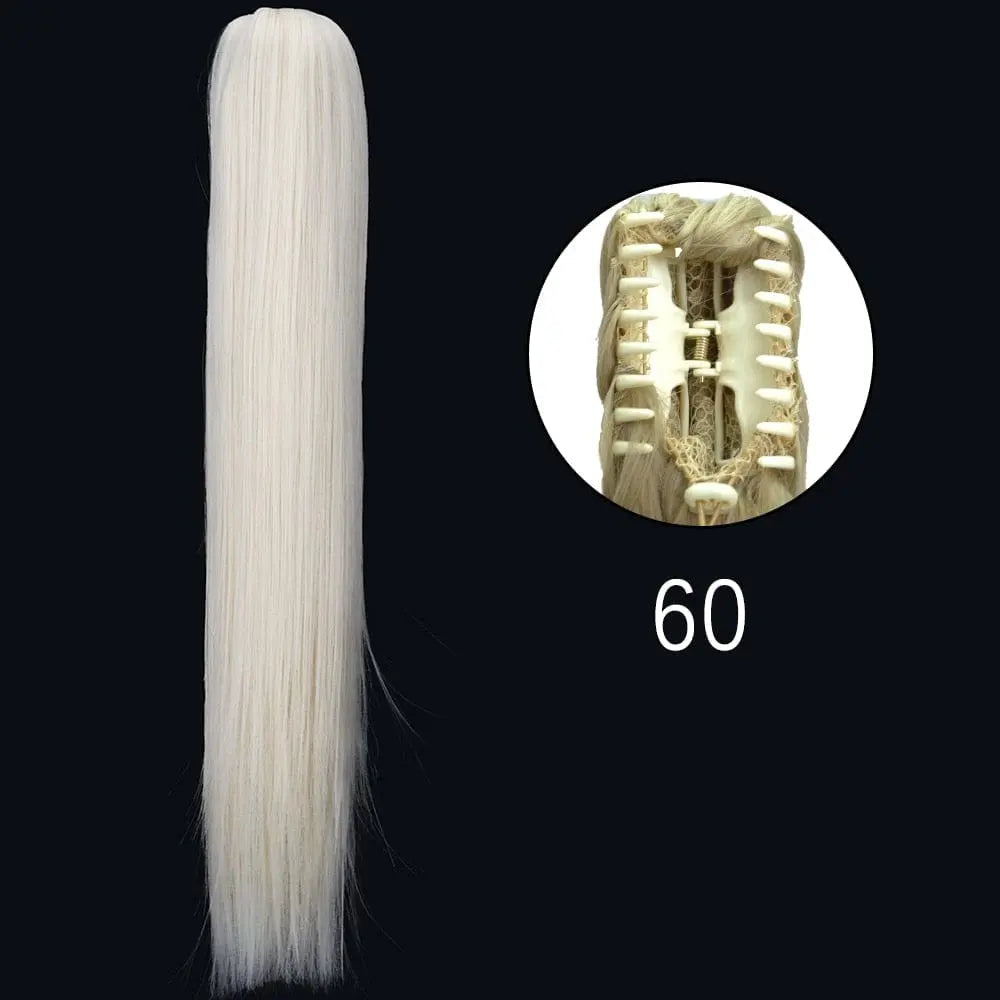 Showlu Fashion Store 24-inch long straight synthetic claw clip-in ponytail hair extensions, heat-resistant, for women’s daily or party wear.