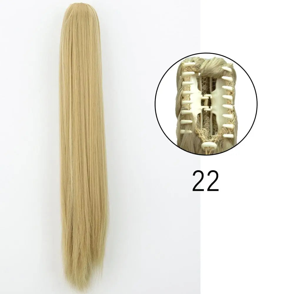 Showlu Fashion Store 24-inch straight synthetic claw clip-in ponytail extension, heat-resistant, for women’s daily and party hairstyles.