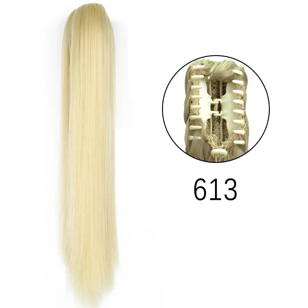 Long straight synthetic claw clip-in ponytail hair extensions from Showlu Fashion Store, 24 inches, heat-resistant, for women’s daily and party wear.
