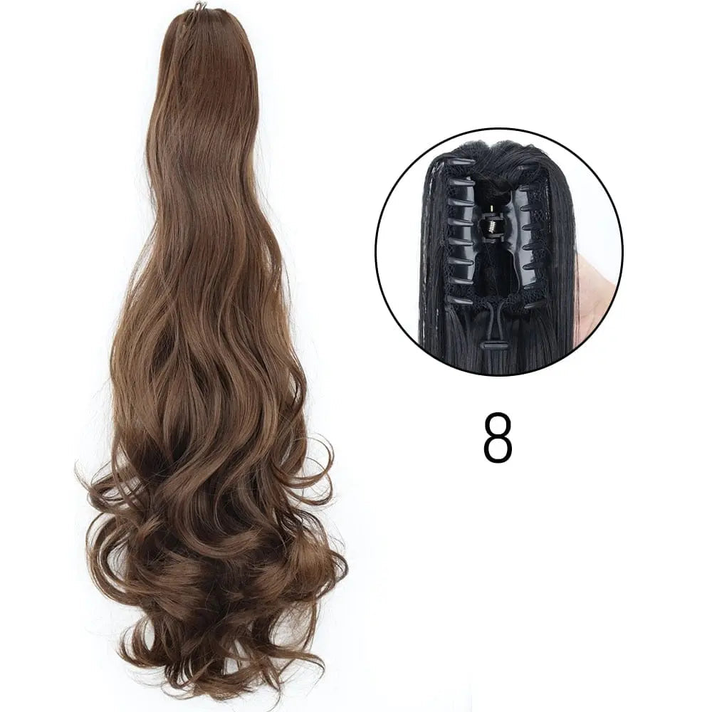 Showlu Fashion Store 24-inch long straight synthetic claw clip-in ponytail hair extensions for women, heat-resistant and easy to wear.