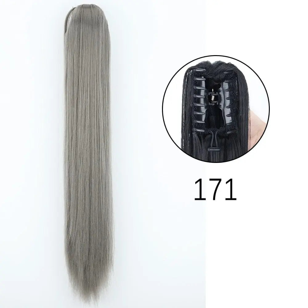 Showlu Fashion Store 24-inch long straight synthetic claw clip-in ponytail hair extensions, heat-resistant and perfect for daily or party wear.