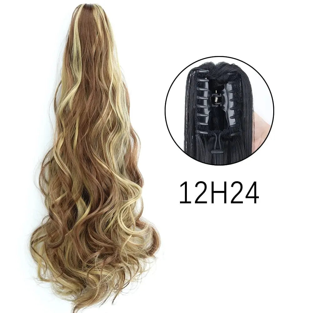 Showlu Fashion Store 24-inch long straight synthetic claw clip-in ponytail hair extensions, heat-resistant and suitable for daily wear.