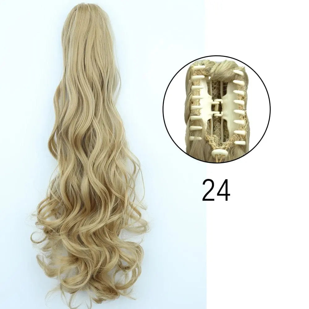 Showlu Fashion Store 24-inch long straight synthetic claw clip-in ponytail hair extensions, heat-resistant for women’s daily or party wear.