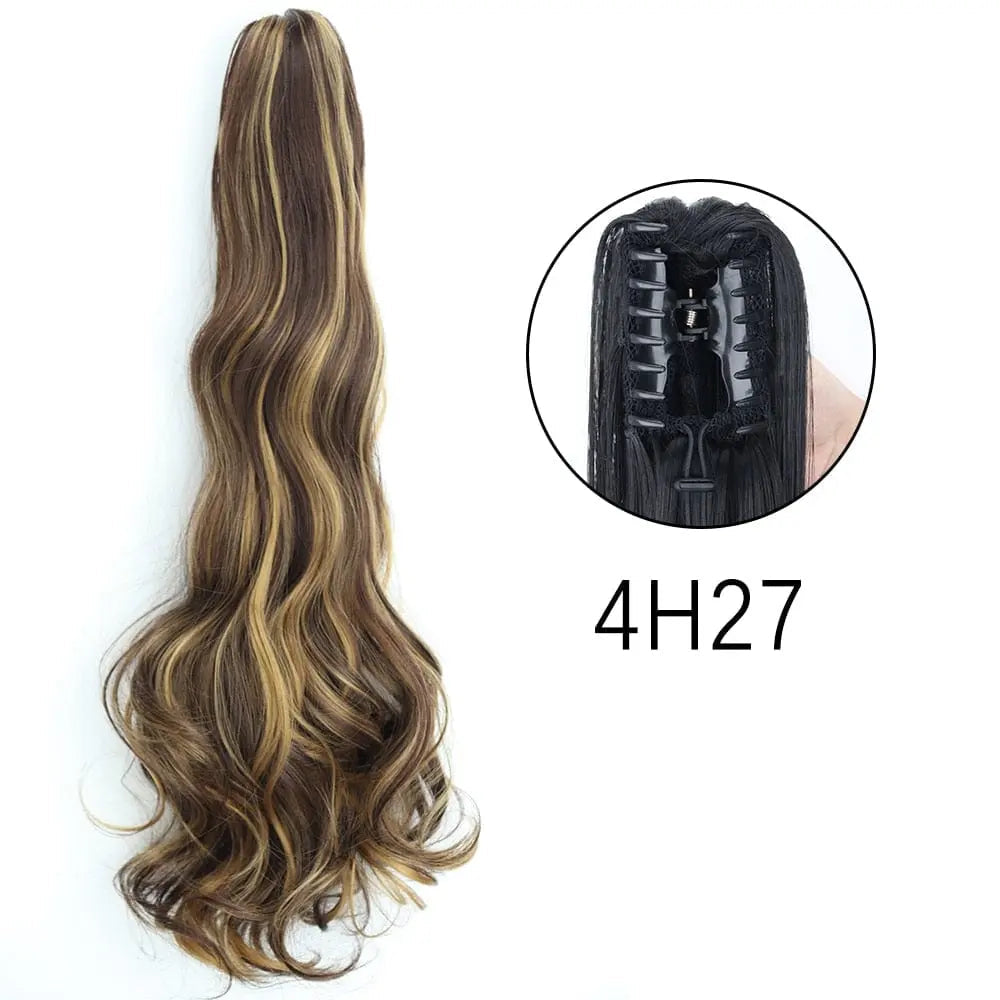 Showlu Fashion Store 24-inch long straight synthetic claw clip-in ponytail hair extensions for women, heat-resistant and easy to attach.