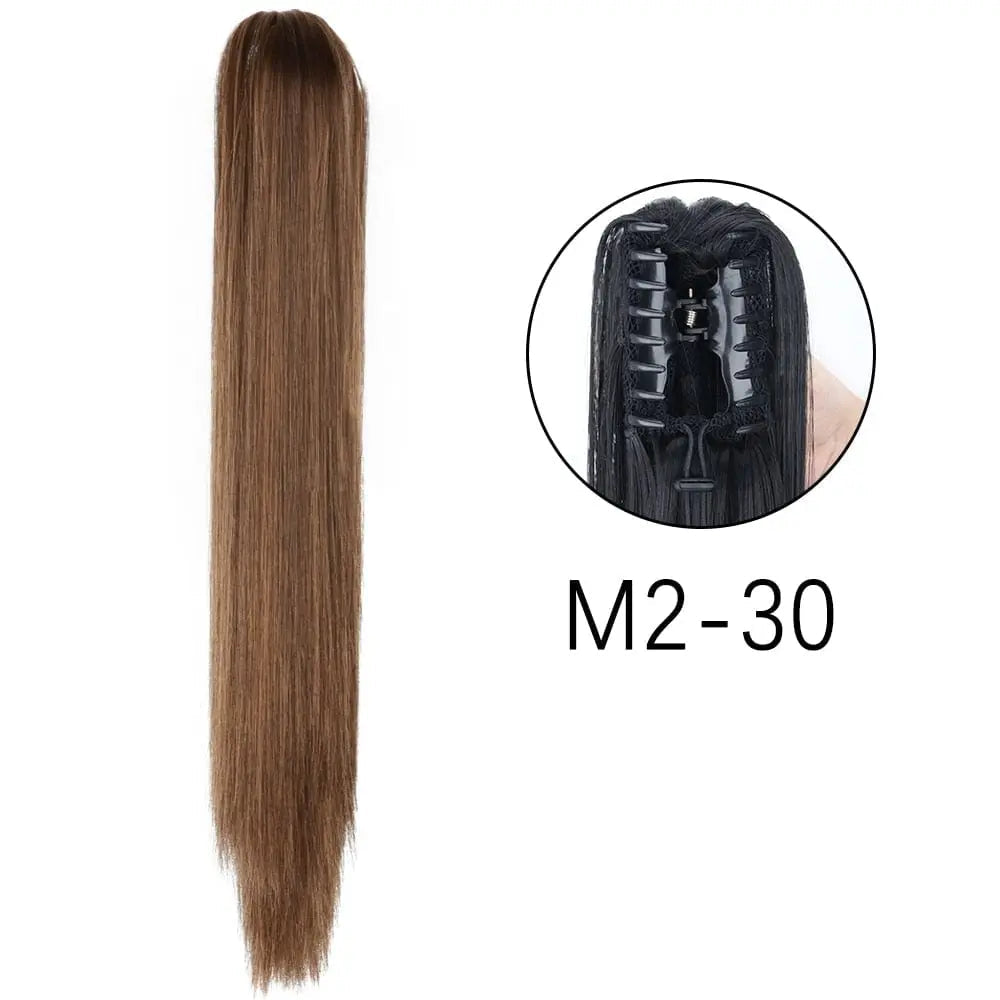 Showlu Fashion Store 24-inch long straight synthetic claw clip-in ponytail hair extensions for women, heat-resistant and easy to wear.