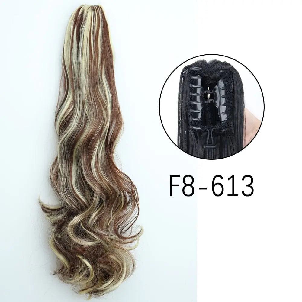 Long straight synthetic claw clip-in ponytail hair extensions in 24 inches, heat-resistant, for women’s daily or party styles.