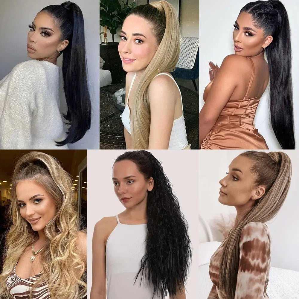 Showlu Fashion Store 24-inch long straight synthetic claw clip-in ponytail hair extensions for women, heat-resistant and easy to wear.