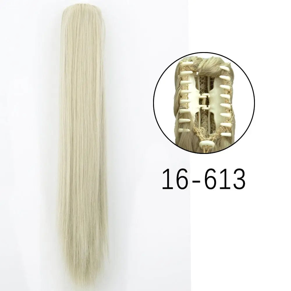 Showlu Fashion Store 24-inch long straight synthetic claw clip-in ponytail hair extensions for women, heat-resistant and easy to wear.