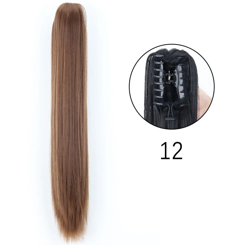 Showlu Fashion Store 24-inch long straight synthetic claw clip-in ponytail hair extensions, heat-resistant and suitable for daily wear.