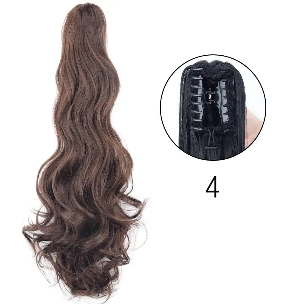 Showlu Fashion Store 24-inch long straight synthetic claw clip-in ponytail hair extensions, heat-resistant, for women’s daily or party wear.