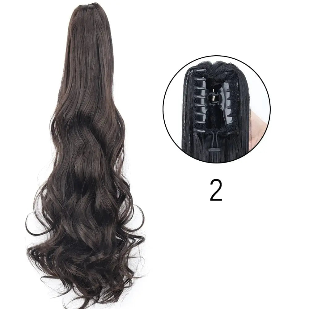 Showlu Fashion Store 24-inch straight synthetic claw clip-in ponytail extension, heat-resistant, for women’s daily and party hairstyles.