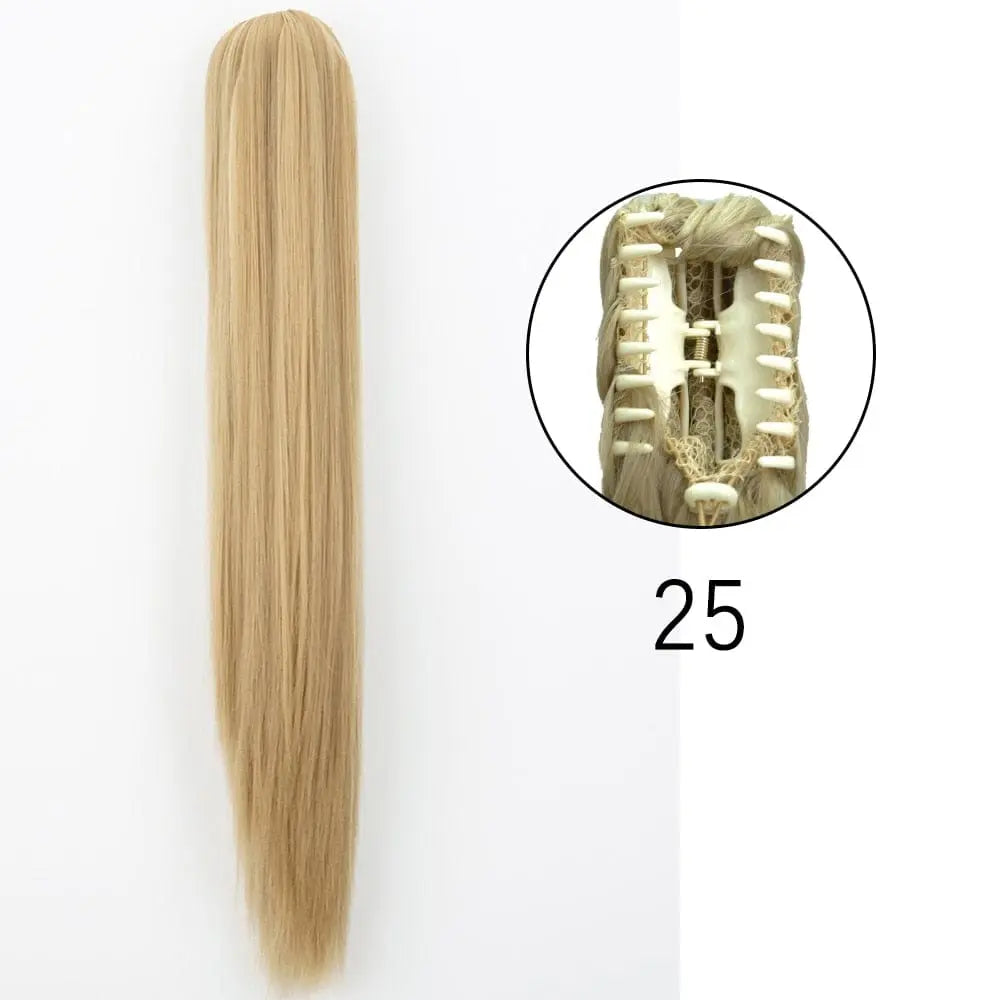 Showlu Fashion Store 24-inch straight synthetic claw clip-in ponytail hair extension for women, heat-resistant, long and sleek.