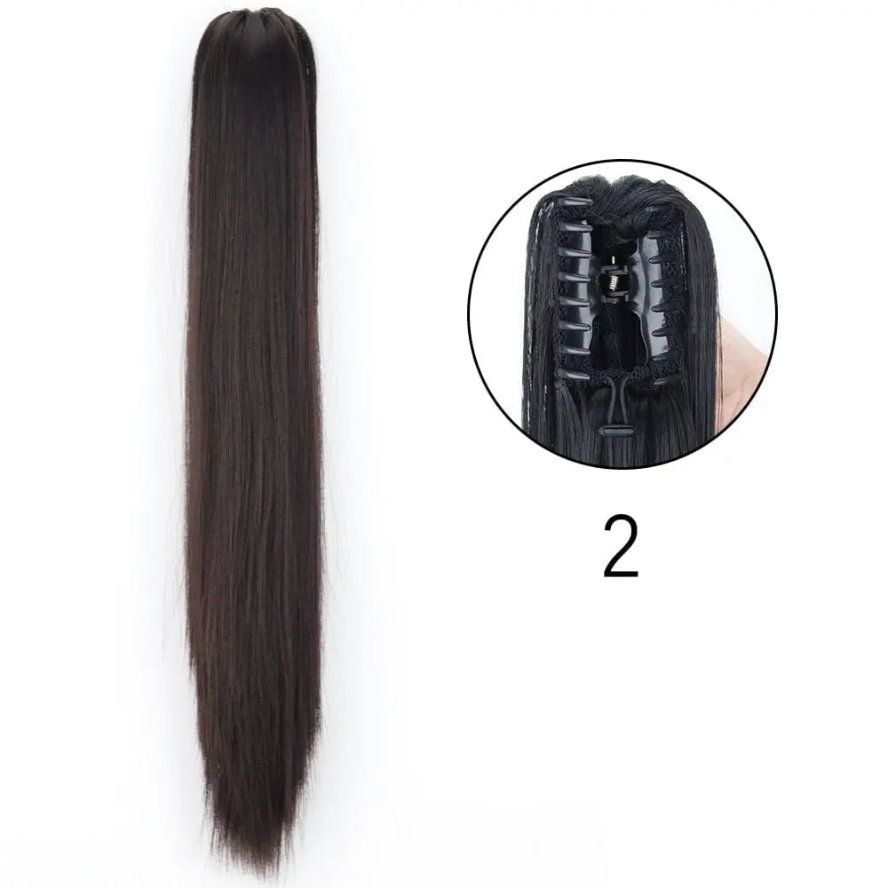 Showlu Fashion Store 24-inch long straight claw clip-in ponytail hair extensions, synthetic, heat-resistant for women’s daily and party looks.