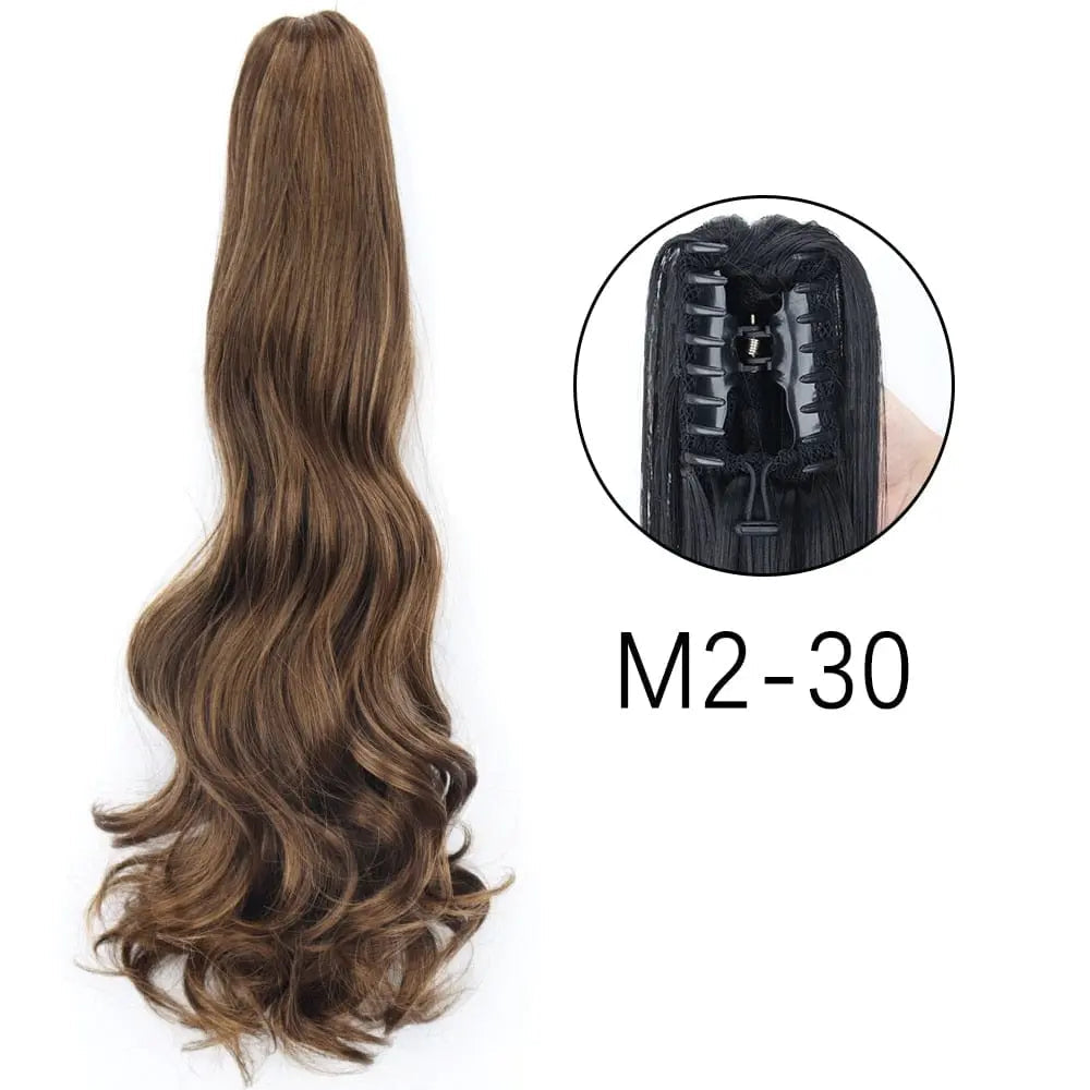 Showlu Fashion Store 24-inch long straight synthetic claw clip-in ponytail hair extensions, heat-resistant for women’s daily and party wear.