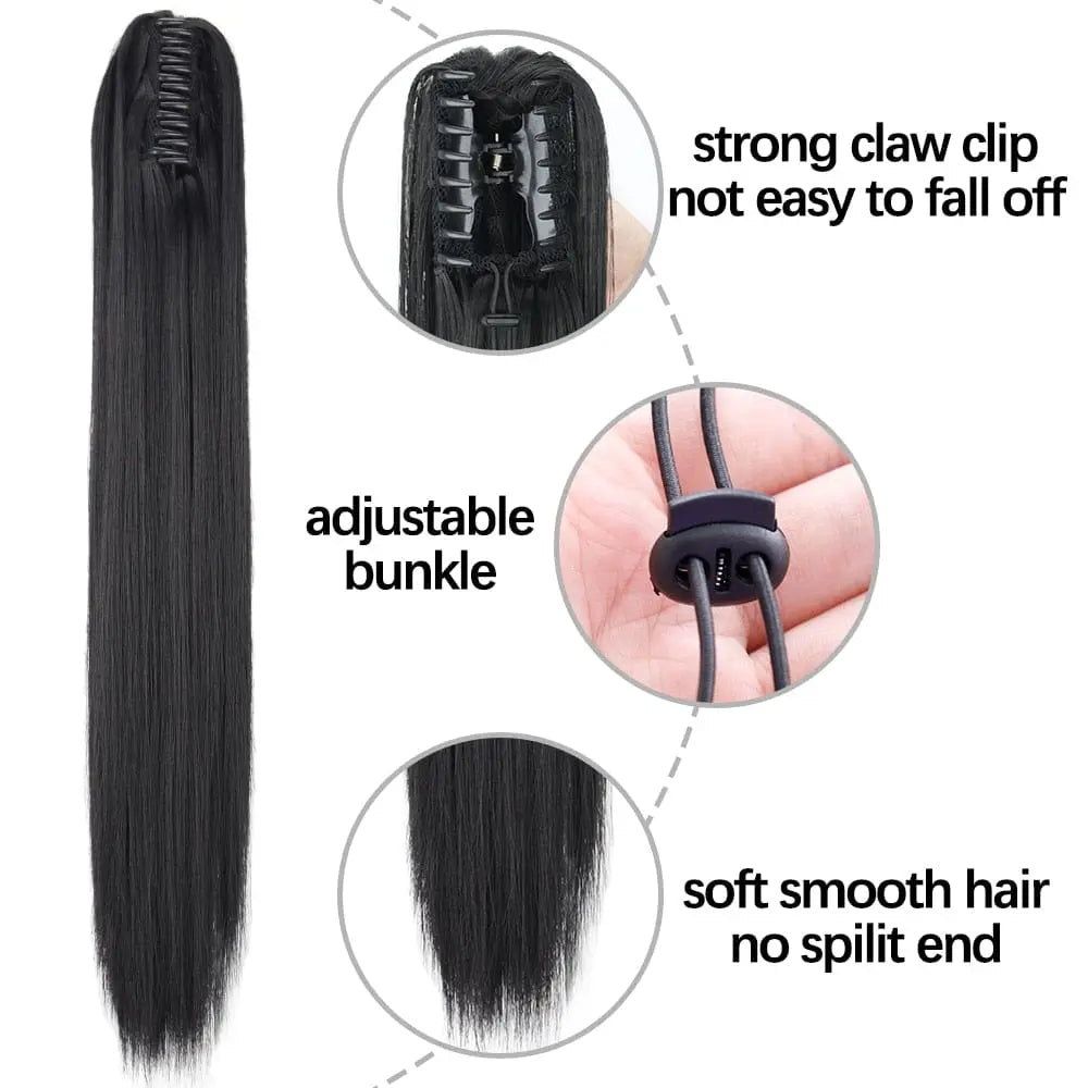 Showlu Fashion Store 24-inch long straight synthetic claw clip-in ponytail extensions, heat-resistant hairpiece for women.