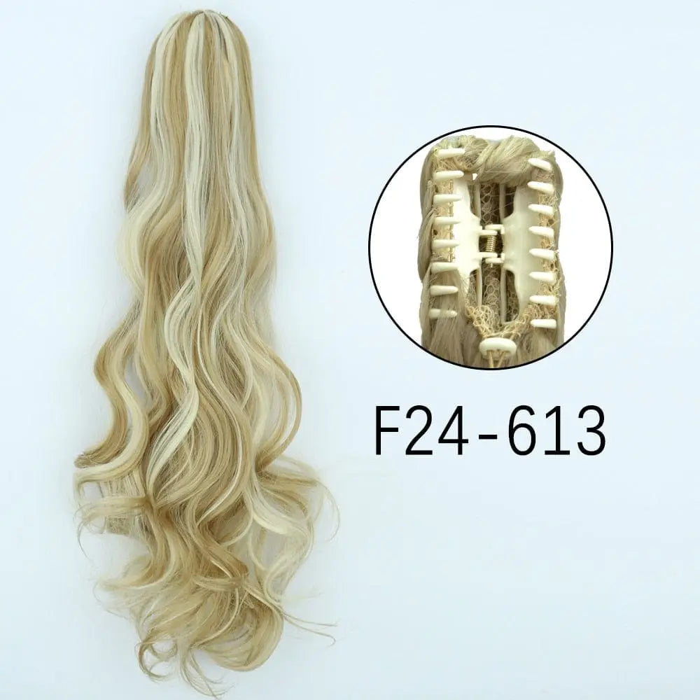 Showlu Fashion Store 24-inch long straight synthetic claw clip-in ponytail hair extensions, heat-resistant and suitable for daily wear.