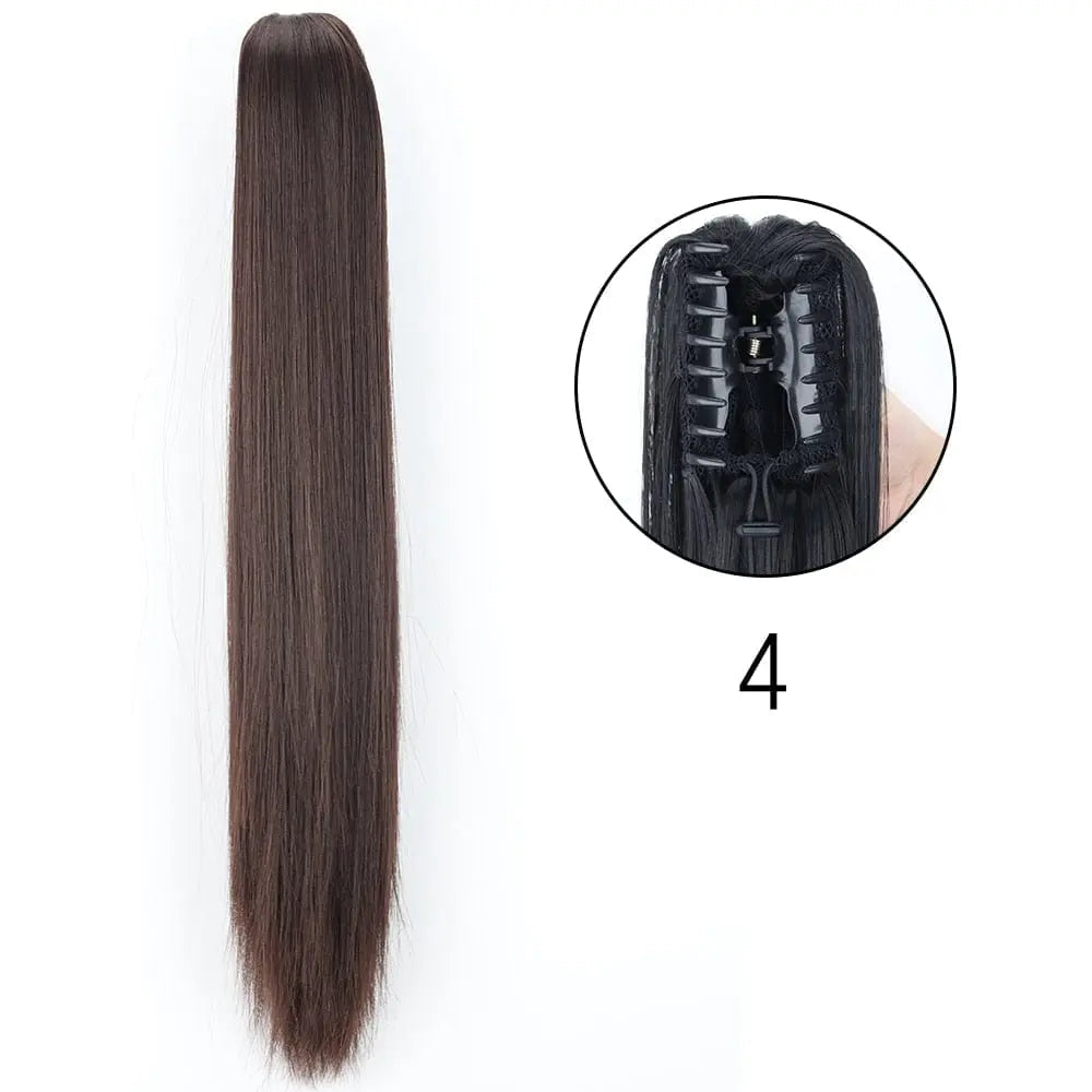 Showlu Fashion Store 24-inch long straight synthetic claw clip-in ponytail hair extensions, heat-resistant, for women’s daily or party wear.