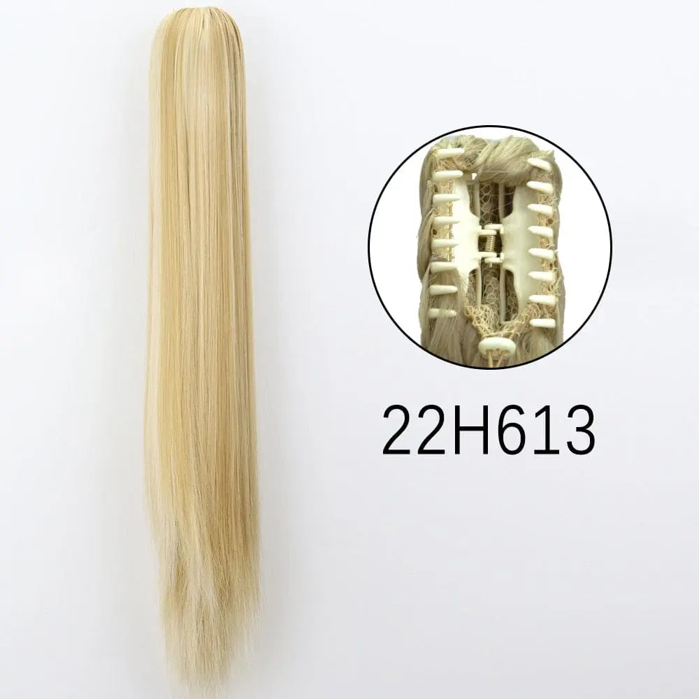 Long straight synthetic claw clip-in ponytail hair extensions, 24 inches, heat-resistant, for women’s daily and party hairstyles.