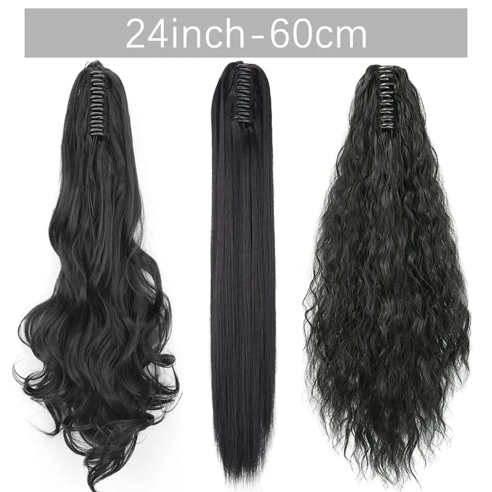 Showlu Fashion Store 24-inch straight synthetic claw clip-in ponytail hair extensions, heat-resistant and perfect for daily or party wear.