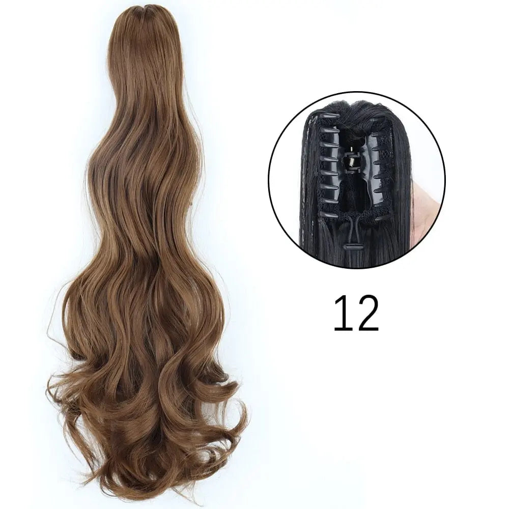 Showlu Fashion Store 24-inch long straight synthetic claw clip-in ponytail extension, heat-resistant, for women’s daily or party wear.