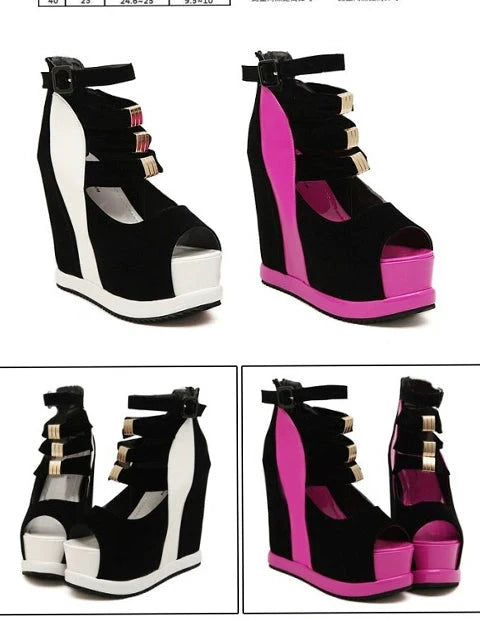 Dream Little Pepper women's platform wedge sandals with peep toe design, showcasing stylish black heels with ankle straps.