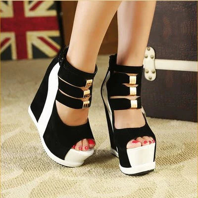 Dream Little Pepper women's platform wedge sandals with peep toe heels featuring tan leather straps and chunky wooden soles.