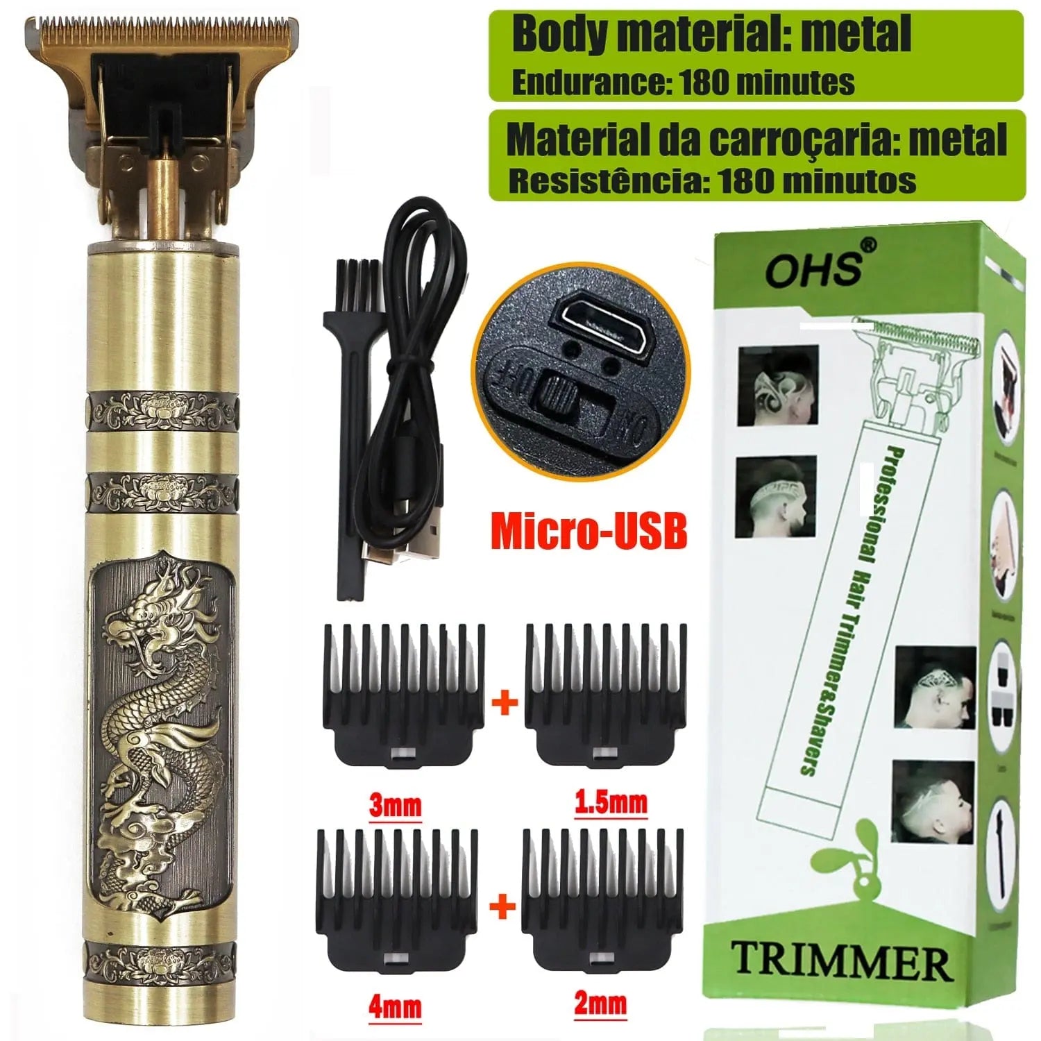 OHS Dragon Vintage T9 cordless professional hair clipper and trimmer for men, showing sleek design and cutting blades in use