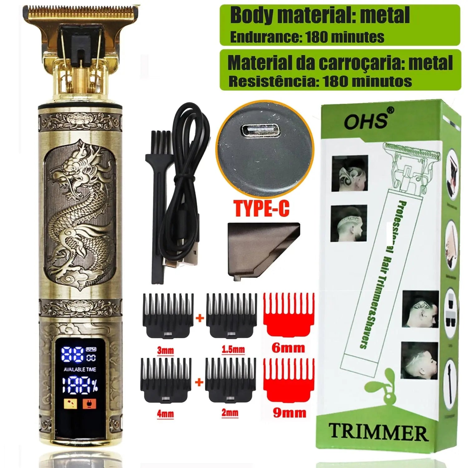 Showlu Fashion Store OHS Dragon Vintage T9 cordless hair clipper and trimmer for men, electric hair cutting machine with professional design