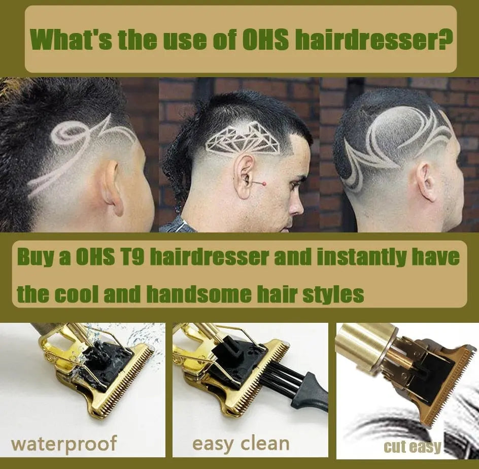 OHS Dragon Vintage T9 cordless professional hair clipper and trimmer for men, with sleek design and adjustable blades.