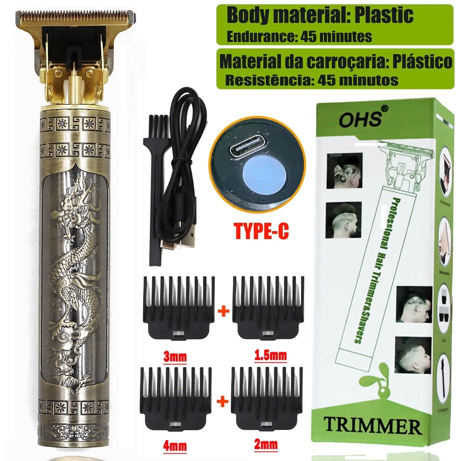 OHS Dragon Vintage T9 cordless hair clipper and trimmer for men with professional electric cutting blades, showcasing sleek design.