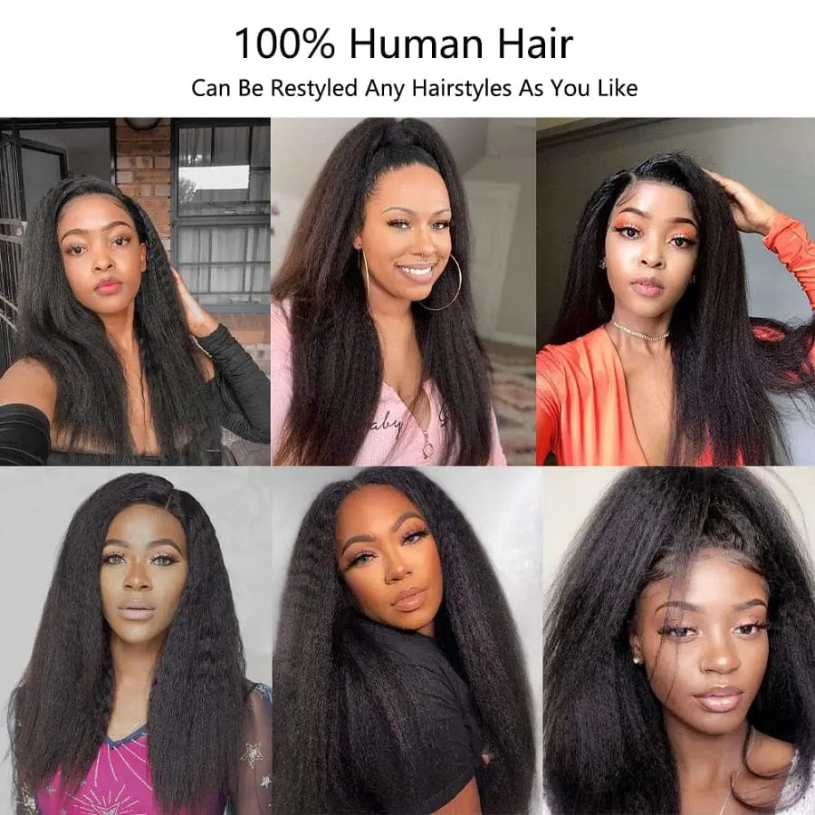Kinky straight 30-inch Brazilian Remy lace front wig by Showlu Fashion Store, transparent lace frontal with natural human hair.